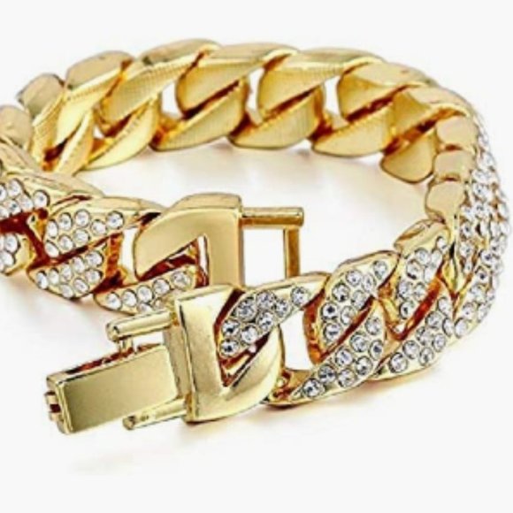Cuban Gold Iced Bling Mens Watch with matching Hip Hop Bracelet - Picture 3 of 3